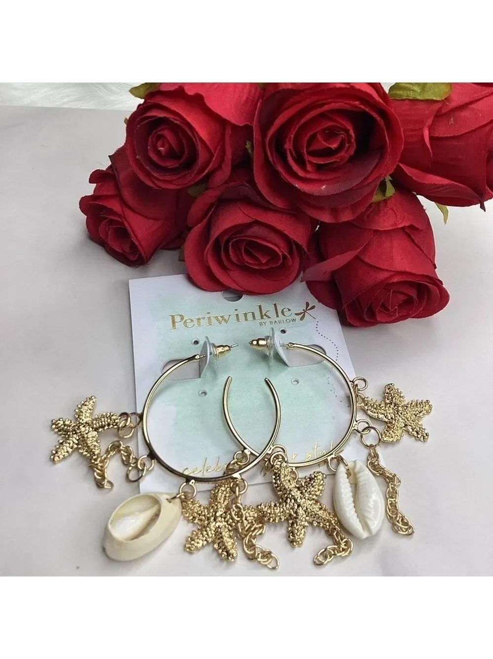 NEW PERIWINKLE BY BARLOW GOLD HOOP EARRINGS COASTAL BEACH‎ VACATION STARS SHELLS